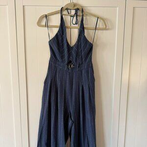 ASTR The Label Navy Striped Halter Jumpsuit - Open Back Wide Leg